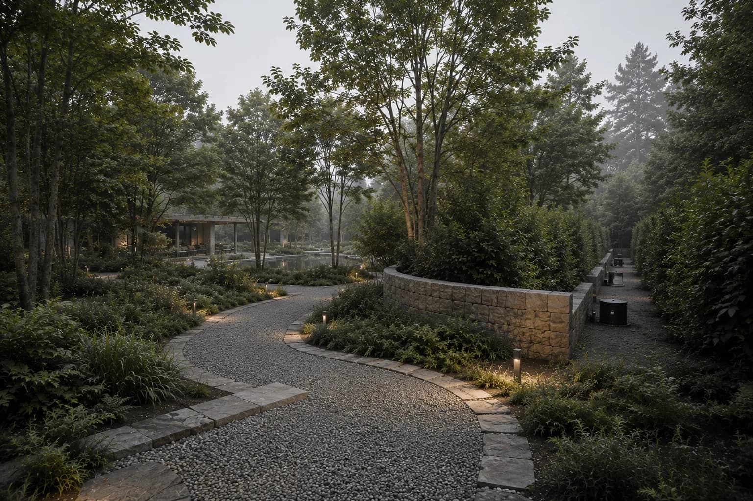 A curving pedestrian route through dense planting in a compact settlement