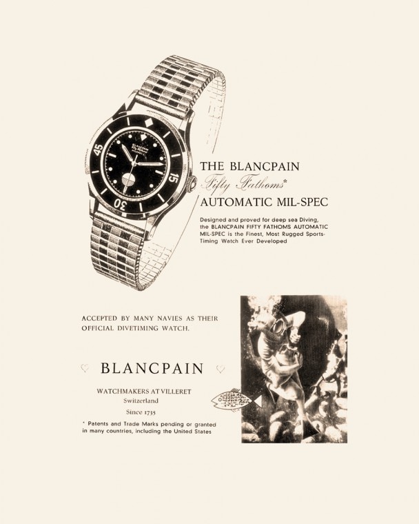 Historical advertisement for the Blancpain Fifty Fathoms MIL-SPEC diving watch